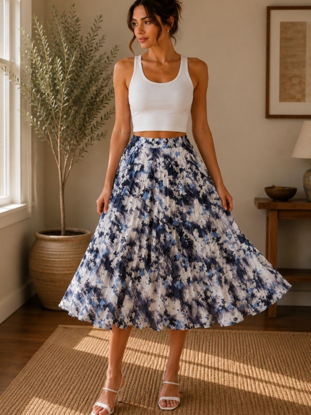 Time and Tru Blue and White Pleated Print Midi Skirt
